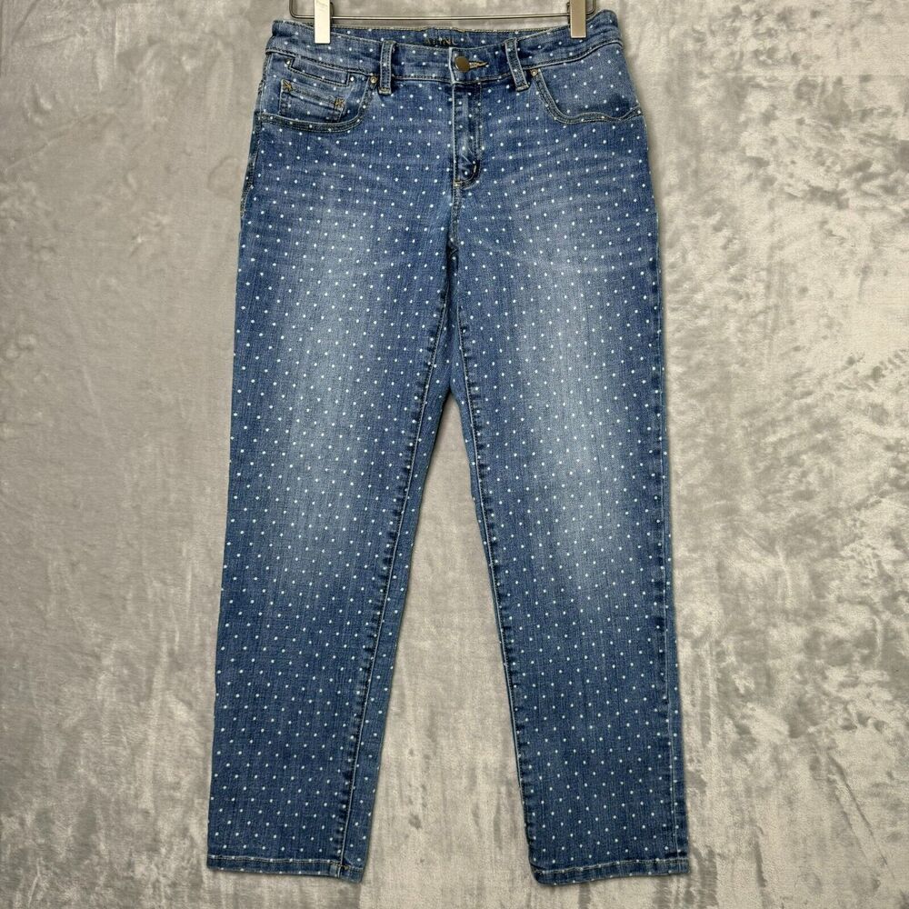 Chicos Plantium Jeans Womens XS Medium Blue White Polka Dot Skimmer Stretch